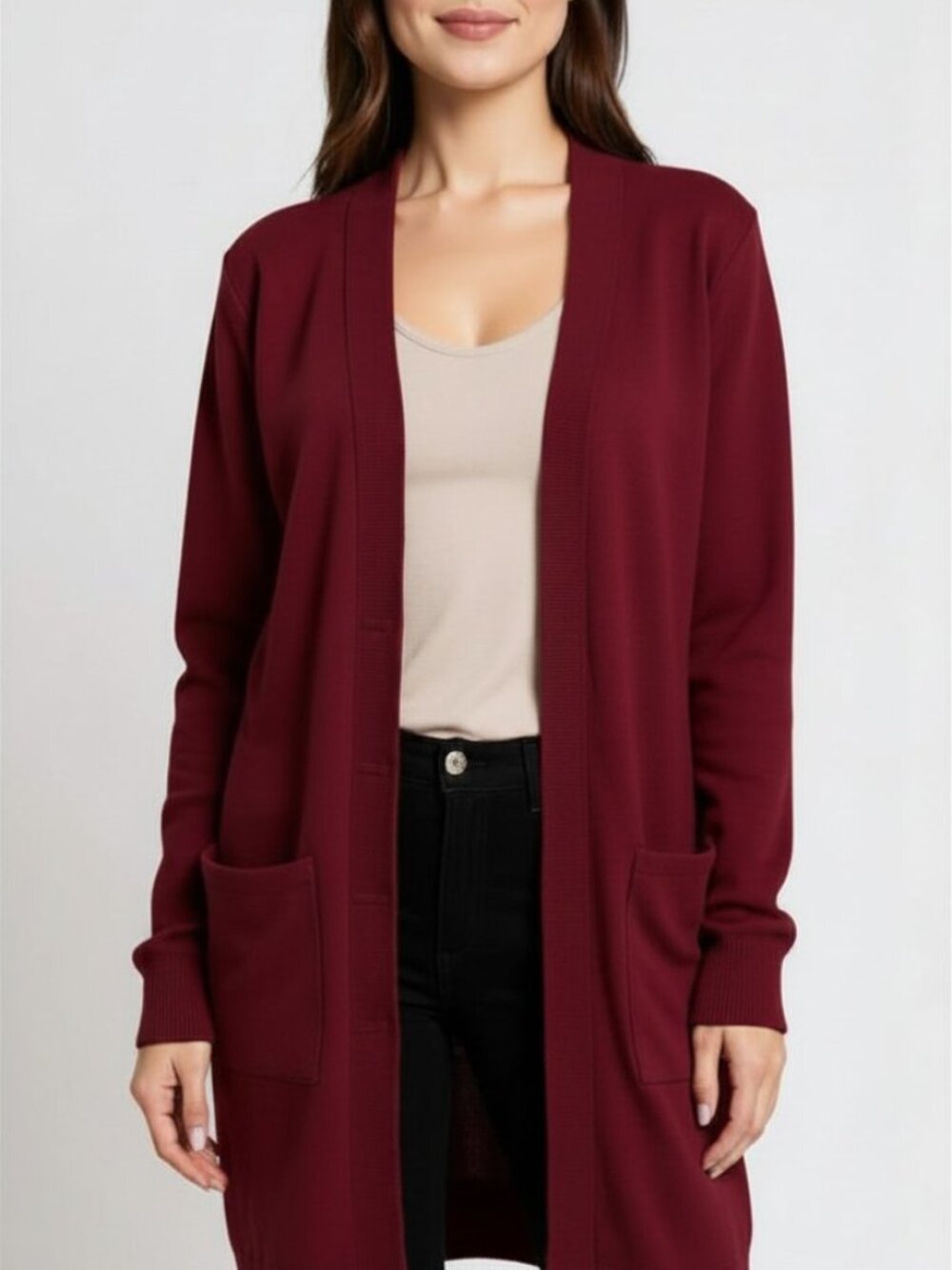 Nicely used Burgundy cardigan with pockets. Craft & Barrow PXS